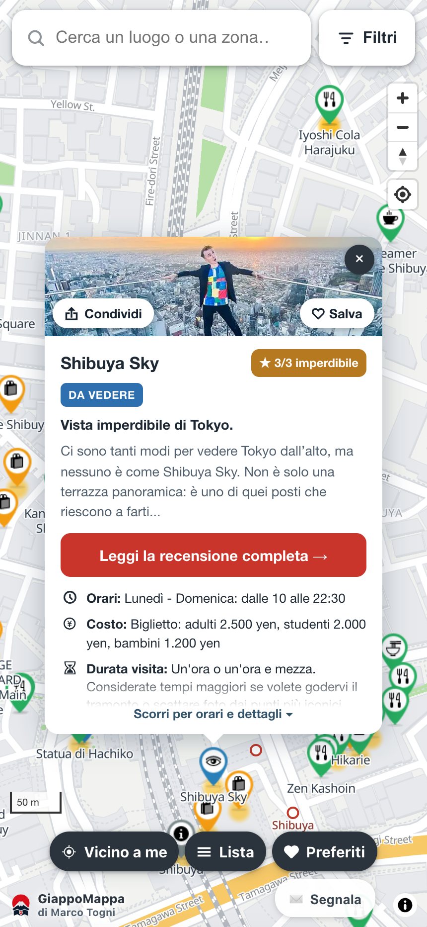 La mappa dal telefono: la scheda di Shibuya Sky con foto, voto, orari e costi
