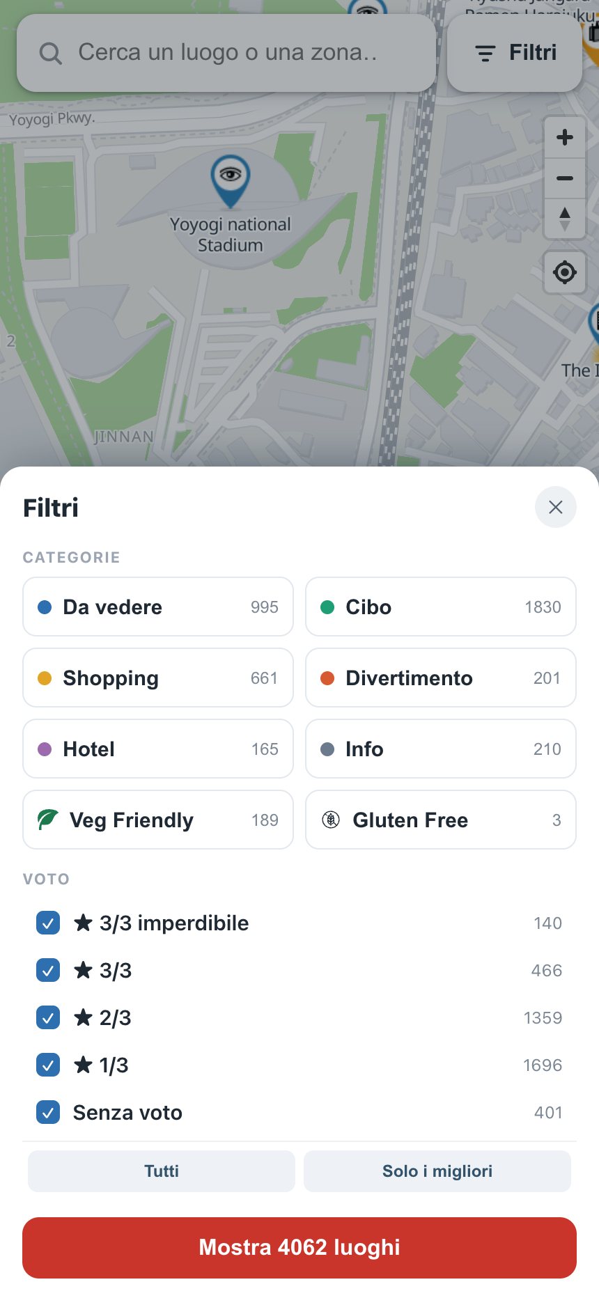 Il pannello Filtri della mappa: categorie con i colori, Veg Friendly, Gluten Free e i livelli di voto